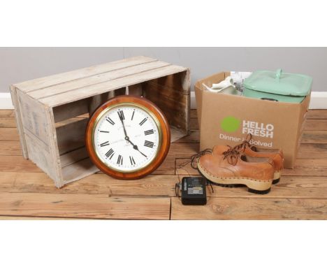 A quantity of assorted items, to include a pair of clogs, quartz wall clock and enamel bread bin.  