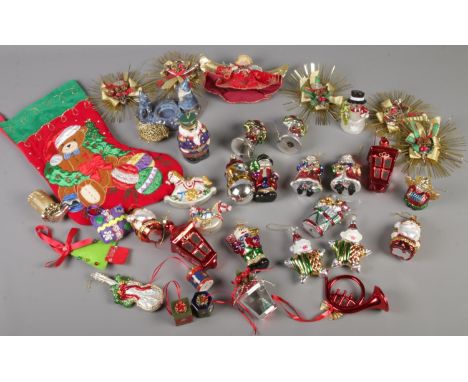 A collection of vintage Christmas decorations. To include baubles, light up stocking etc.  