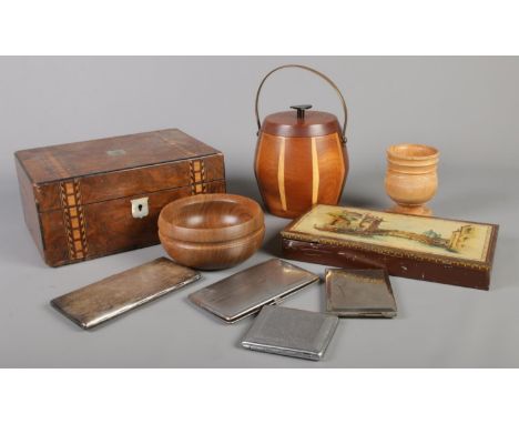 A quantity of miscellaneous. Silver plate cigarette cases, assorted treen jewellery box, bowl etc  