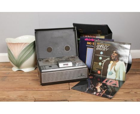 A quantity of miscellaneous. To include Grundig TK 124 twin recorder, LP vinyl records in carry case, large ceramic planter. 