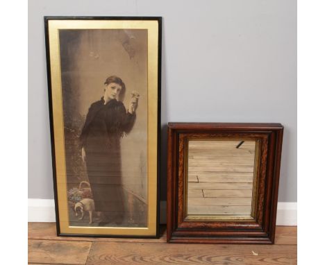 A framed print of a woman in black with dog and Mahogany framed mirror. Painting H:73cm W:29cm  