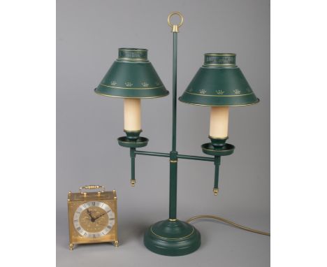 A green painted metal table lamp, together with Staiger quartz carriage clock.  