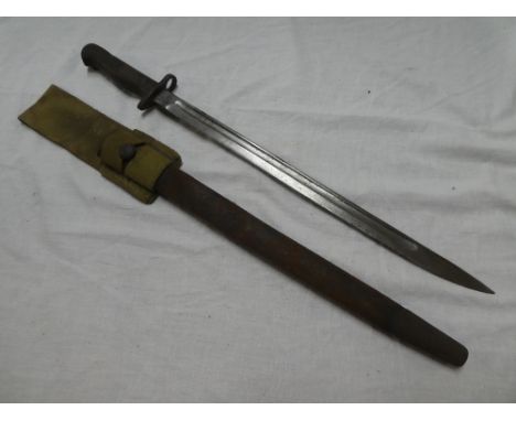 A First War 1907 pattern Lee Enfield bayonet with single-edged blade in steel mounted leather scabbard with webbing frog