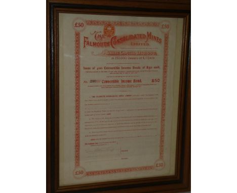 A 1912 Falmouth Consolidated Mines Limited share certificate for £50, framed and glazed