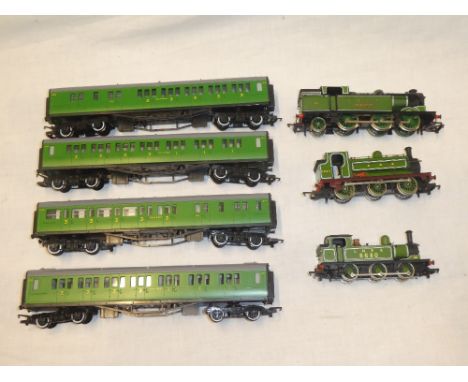 Hornby 00 gauge - GNR tank engine, four Southern coaches together with an Airfix LNER 0-6-2 locomotive and a Bachmann LNER ta