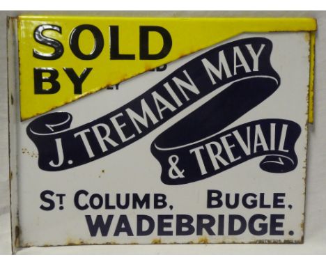 An unusual Cornish enamelled double-sided Estate Agent's sign for J. Tremain May &amp; Trevail of St Columb, Bugle and Wadebr