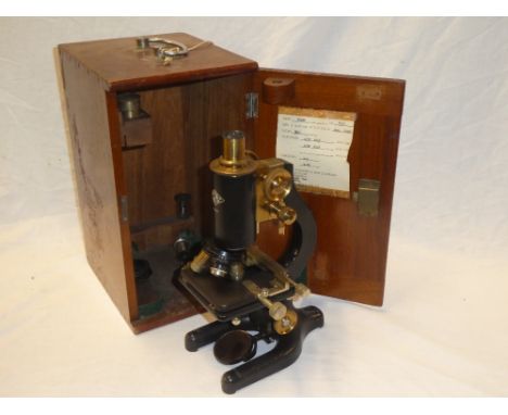 A good quality brass mounted monocular microscope by W. R. Prior &amp; Co. London in fitted mahogany case with accessories