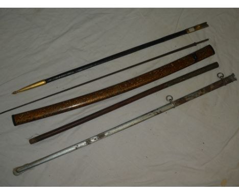 A brass mounted leather sword scabbard, steel sword scabbard, square section small sword blade, sword stick mount and one oth