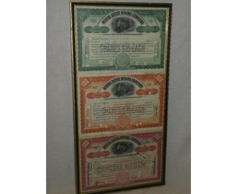 Three State of Minnesota North Butte Mining Company share certificates, framed as one