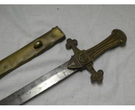 A mid-19th century Bandsman's sword of the 32nd Cornwall Light Infantry with double-edged steel blade, a brass Gothic-style h