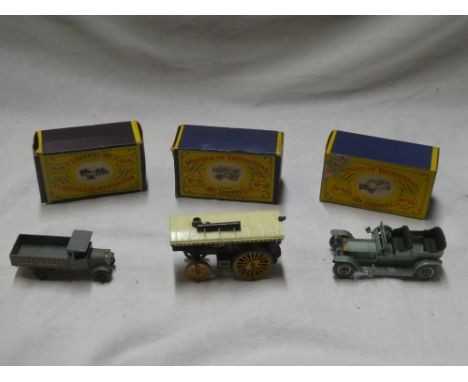 Three boxed Lesney Models of Yesteryear diecast vehicles including Y6 Osram lorry, Y9 Showman's engine and Y15 Rolls Royce (3