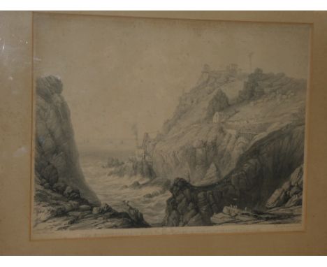 A 19th Century black and white lithograph of Botallack Mine, St Just-in-Penwith, Cornwall, framed and glazed