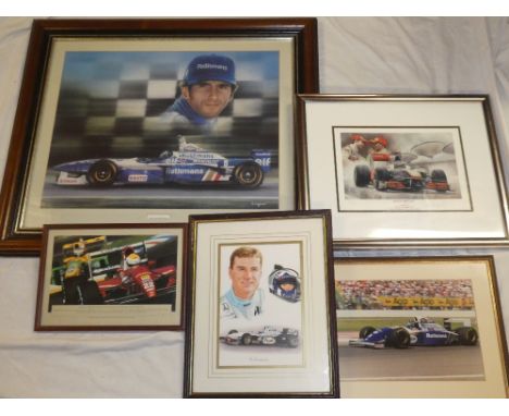 A limited edition Formula One Motor Racing print "Jensen Button", signed in pencil, framed and glazed and four other Motor Ra