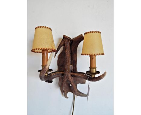European Red Deer and Fallow Deer Mounted Hanging Wall Light, a wall mounted fallow and red deer antler light fitting with ch