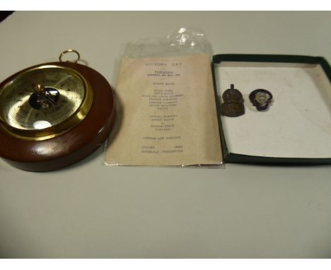 A Circular Aneroid Barometer, WWII Victory Day Menu Together with ARP Badge and British Legion Badge, Buttons etc