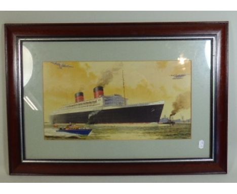 A Framed Print, Queen Elizabeth Entering Harbour, 64cm Wide (Max)