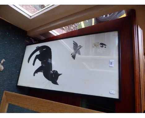 A Framed Oriental Print of a Cat and a Bird 