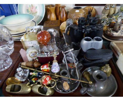 A Tray of Sundries to Include Binoculars, Hip Flask, Ship in Bottle, Pewter Bed Chamber Sticks etc