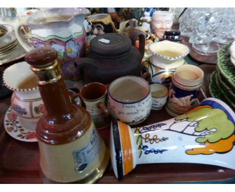 A Tray of Ceramics to Include Wade Japanese Garden Wall Pocket, Wade Bells Decanter, Devon Pottery Jug etc