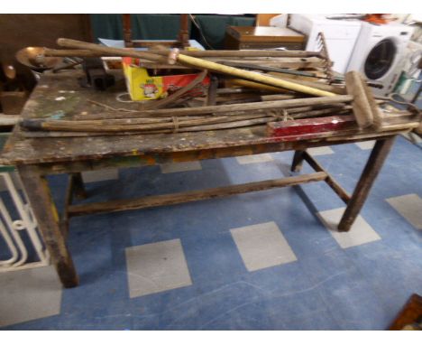 A Vintage Three Plank Workshop Table, Together with Large Quantity of Garden Tools, Vice, Spring Balance etc