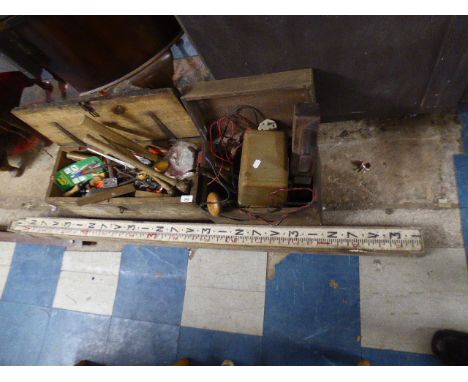 Two Pine Boxes Containing Various Tools, Jack Planes etc and Surveyors Staff 