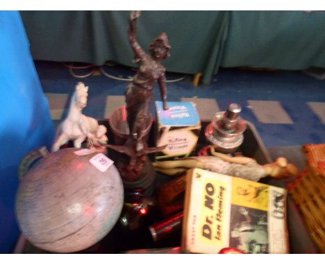 A Tray of Curios to Include Child's Globe, Marley Horse, Spelter Figure, Ian Fleming Doctor No Paperback Book, Tin Plate Tank