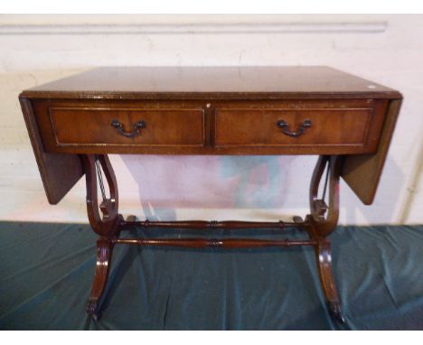 An Edwardian Mahogany Drop Leaf Sofa Table with Two Drawers Matched by Dummies, 87cm Wide When Closed