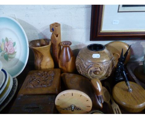 A Tray of Treen Ware to Include Money Box, Duck Ornaments by Siwok, Vases, Mantle Clock etc 