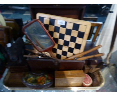 A Tray of Various Treenware to Include Chess Board, Mirror, Wooden Boxes etc