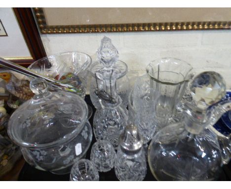 A Tray of Cut and Moulded Glassware to Include, Carafe, Sherry Decanter, Bowls, Vases Etc 