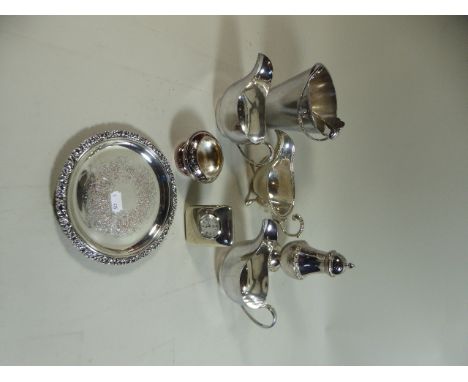 A Tray of Silver Plate to Include Ice Bucket, Sugar Swifter, Three Sauce Boats, Small Clock etc