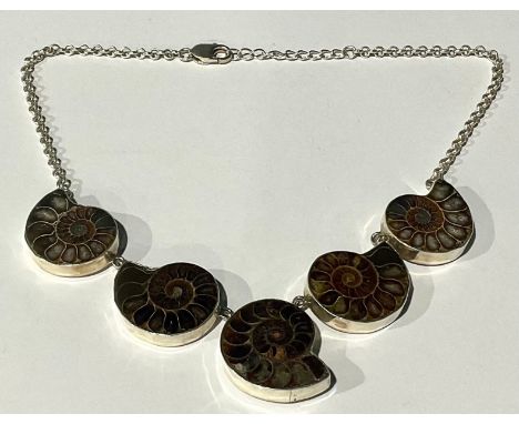 An Unusual Sterling Silver and Polished Ammonite Fossil Necklace the necklace has five polished ammonite fossils with a silve
