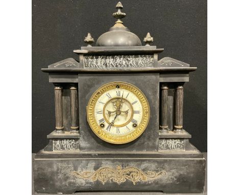 A Victorian noir belge architectural mantel clock, Breuget escapement, 41cm high