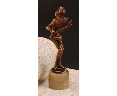 Continental School (second quarter 20th century), a gilt patinated Art Deco bronze, Pierrot Jazz Musician, onyx base, 20.5cm 
