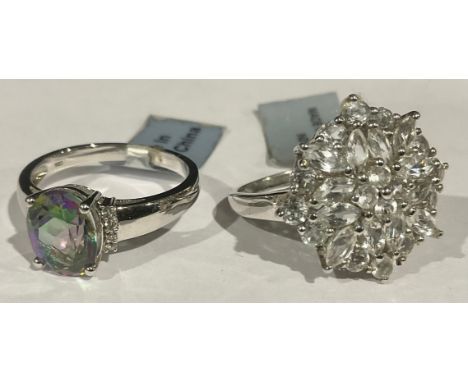 Two Sterling Silver RingsTo include; a Mystic Topaz and White Sapphire ring, ring size R 1/2 and a White Sapphire Cluster rin