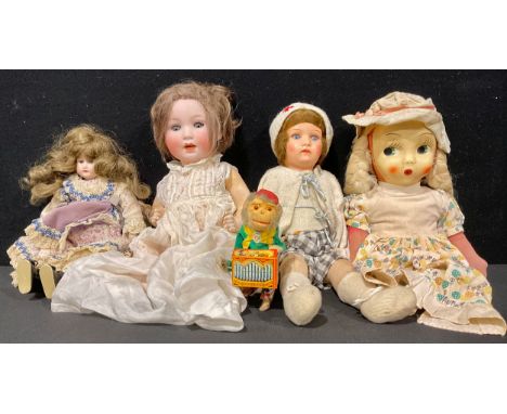 An Armand &amp; Marseille bisque head doll, fixed blue eyes, 32cm high; a Porzellanfabrik Mengersgereuth bisque head doll, we