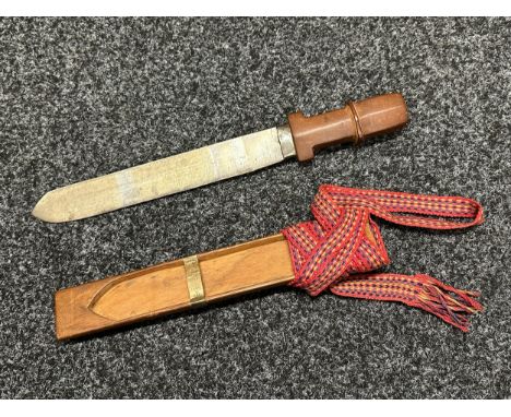 Dagger with single edged blade 245mm in length. No markings. Wooden grip. Overall length 370mm. Complete with an open frame w