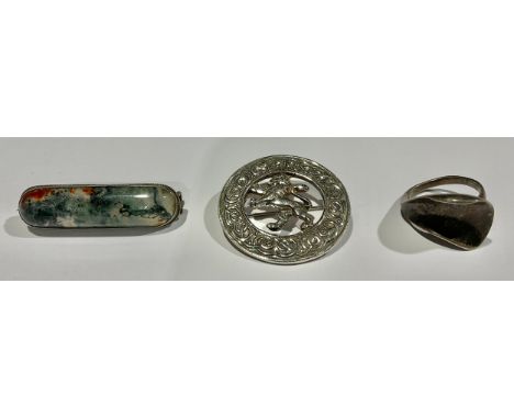 A Vintage Robert Allison Rampant Lion Scottish Silver Brooch (A/F), a Silver Moss Agate Brooch and a Modernist Silver Ring;th