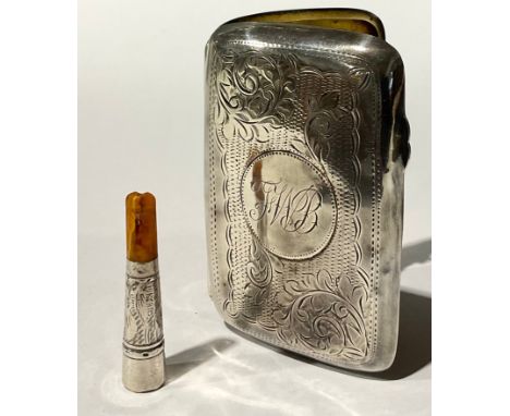 An Edwardian silver rounded rectangular cigarette case, 9cm long, Birmingham 1906; a silver and amber cheroot holder, 5cm lon