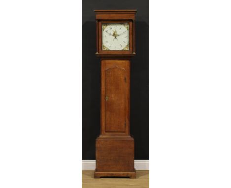 A George III oak longcase clock, 30.5cm square painted dial inscribed with Arabic numerals, date aperture, thirty hour moveme
