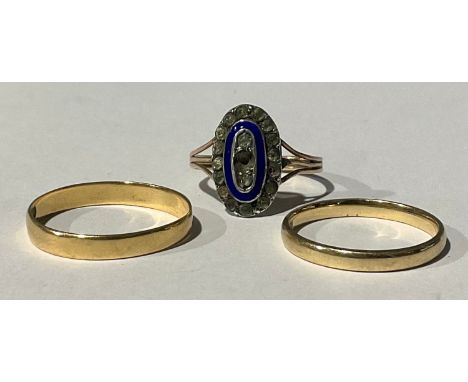 An 18ct Gold Wedding Band; a 9ct gold wedding band and a 9ct rose gold paste stone enamelled ring (missing paste stone) three