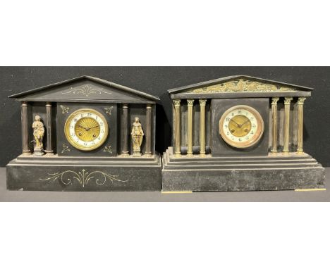 A late 19th century black slate architectural mantel clock, 45cm wide; another (2)