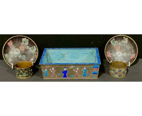 A mid 20th century Bonsai planter, silver plated body embossed and enameled with figures, 4.7cm high, 16.2cm long,11.7cm deep