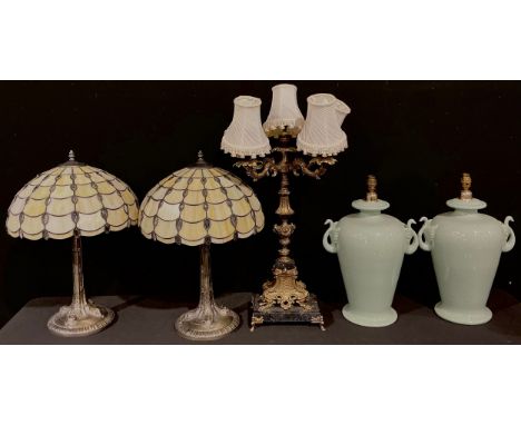 A pair of contemporary leaded glass table lamps, in the manner of Tiffany, 60cm high; a Rococo style four-branch five light c