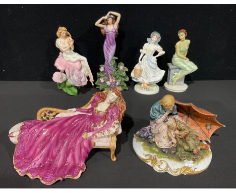 A Franklin Mint porcelain figure, Sleeping Beauty; others, Lady Rose, Lady Violet; a Royal Worcester figure, The Milkmaid, fo