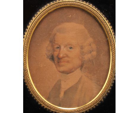 An 18th century portrait miniature, of a gentleman in full aspect, unsigned, watercolour, 9.5cm x 7.5cm