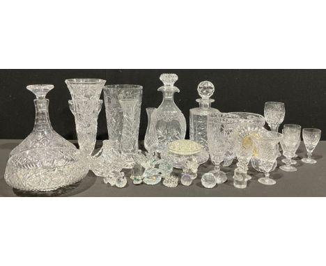 Glassware - a cut glass ships decanter; other decanters; cut glass vases; other cut glass, including bowls, drinking glasses,