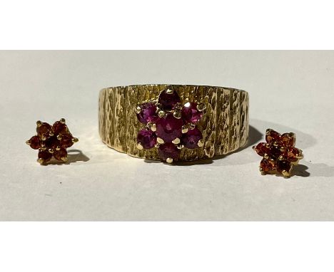 A 9ct Gold Ruby cluster ring and a pair of 9ct Gold Garnet cluster earrings;the ring is stamped "9 375", ring size U, the ear