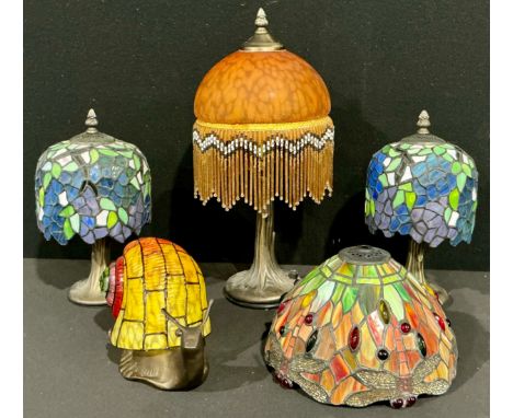 Lighting - a pair of Tiffany style table lamps, 28cm high, late 20th century; a Tiffany style 'Dragonfly' shade; a similar sn