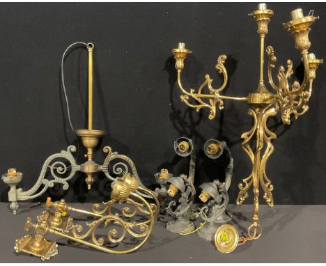 Lighting - an Art Nouveau style brass three branch electrolier, 71cm high; another 19th century style two branch electrolier;